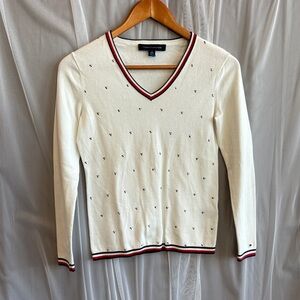 Tommy Hilfiger Cream V-Neck Sweater with Red and Black Trim
